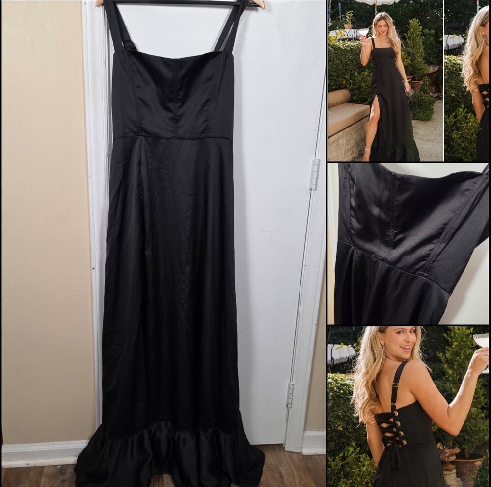 Show Me Your Mumu Clarissa Corset Dress Sz Large Black Luxe Satin Adjustable EUC